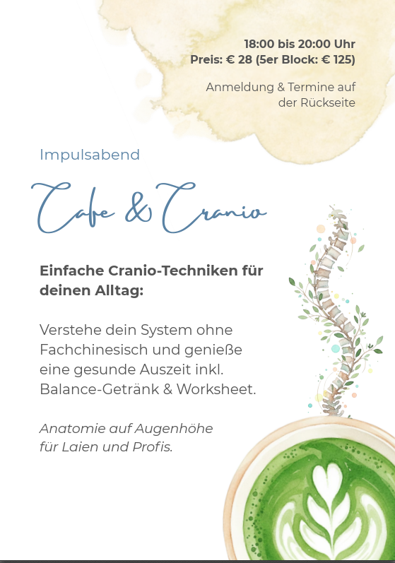 Infozettel zu Impulsabend Cafe & Cranio - Bild von Wirbelsäule und eines Latte-Art-Kaffee