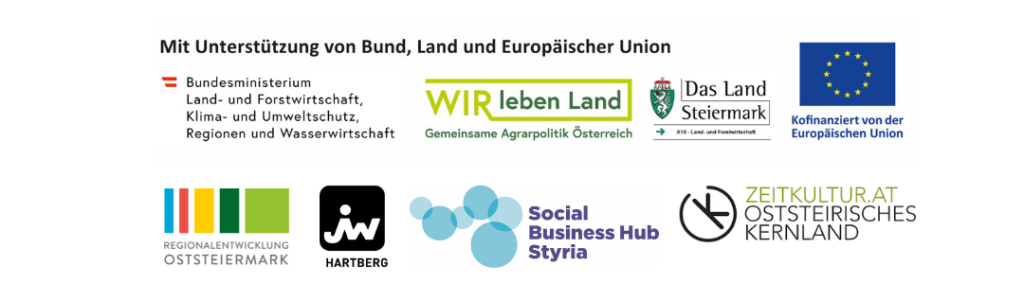 Förder-Logoleiste mit den Logos der Fördergeber (Bund, Land und EU, Junge Wirtschaft, Regionalentwicklung Oststeiermark, Social Business Hub Styria, Zeitkultur.at