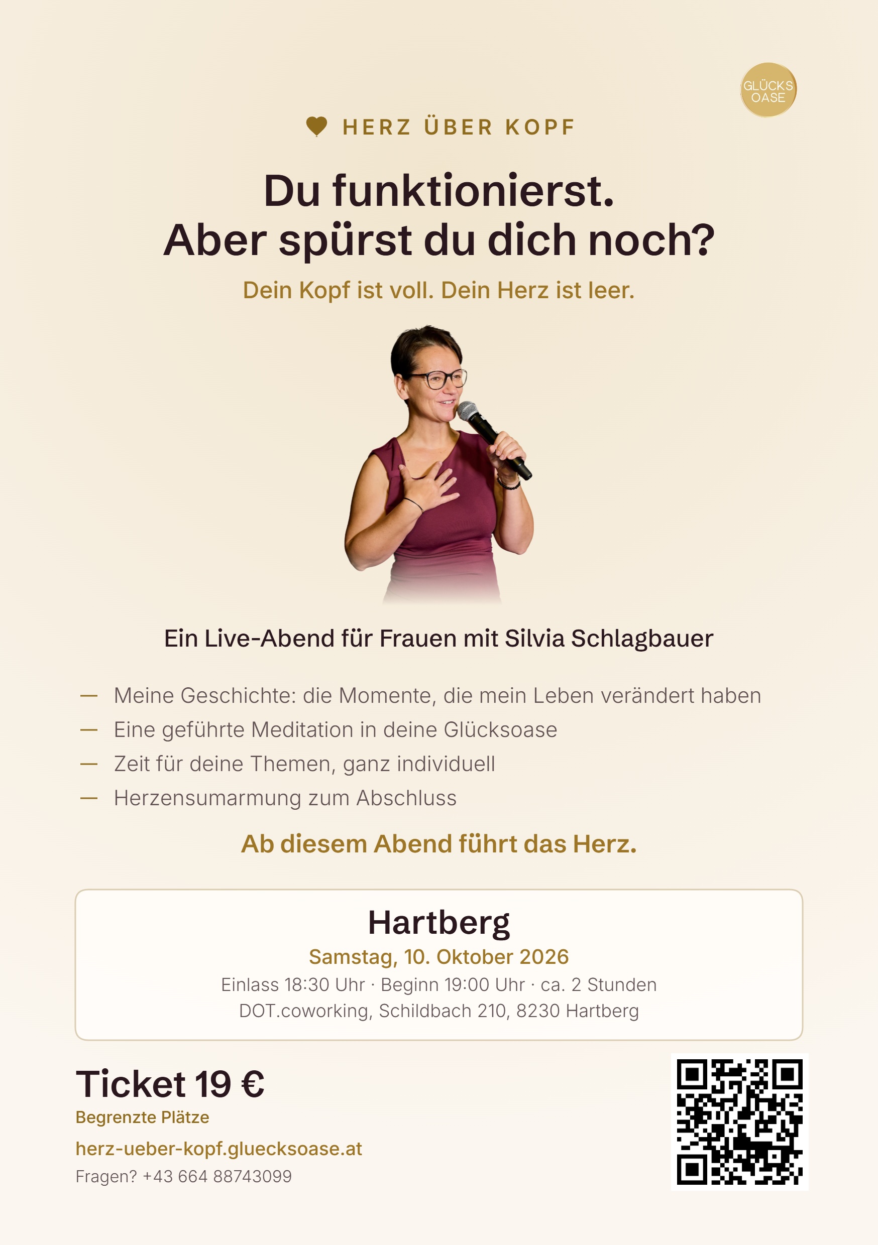 Flyer für den Frauen-Abend 'Herz über Kopf' mit Silvia Schlagbauer am 10. Oktober 2026 in Hartberg, Ticket 19 €.